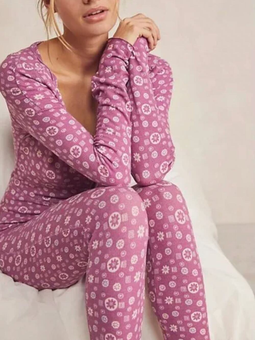 Free People Home Alone Long Johns Womens L Pink Sweet Combo Pajamas Cottagecore